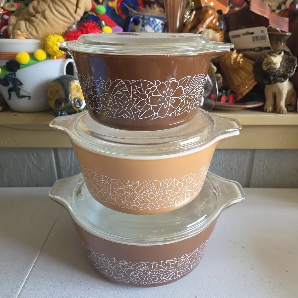 Vintage Set of 3 Pyrex Woodland Casserole Dish 475-B 474-B, 473-B, Original Lids